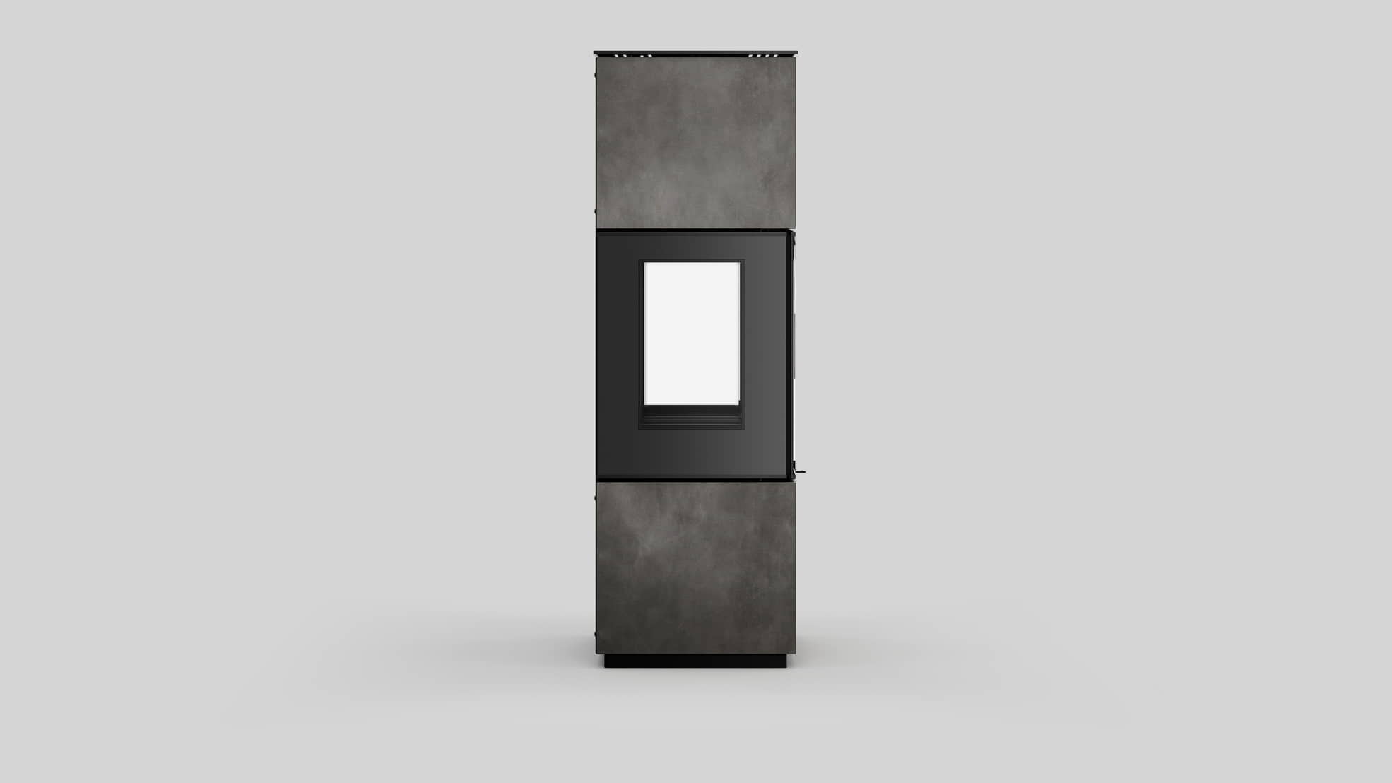 AXAM freistehender Stahlkaminofen in Calce Nero Sinterquarz, weiße Auskleidung