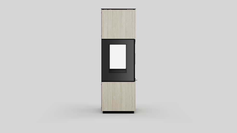 AXAM freistehender Stahlkaminofen in Hado Travertino Bianco Sinterquarz, weiße Auskleidung