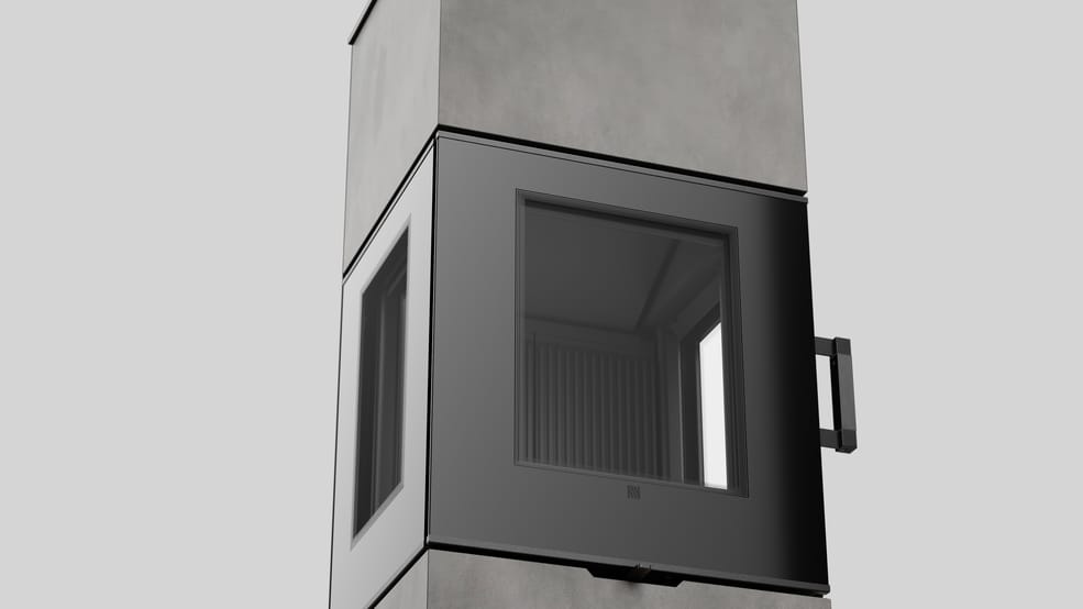 AXAM freistehender Stahlkaminofen in Calce Nero Sinterquarz, schwarze Auskleidung