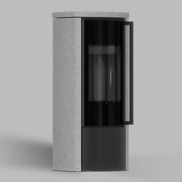 Freistehender Stahl-Kaminofen BRONN aus Luna Grigia Stein mit schwarzer Innenauskleidung