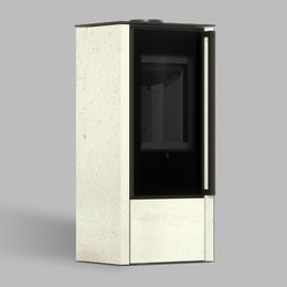 AKNA freistehender Stahlkaminofen in Ivory Glow Stein mit schwarzer Auskleidung; Griff mit schwarzem Eichenholzgriff