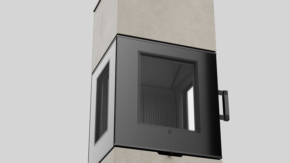 AXAM freistehender Stahlkaminofen in Fokos Talco Sinterquarz, schwarze Auskleidung