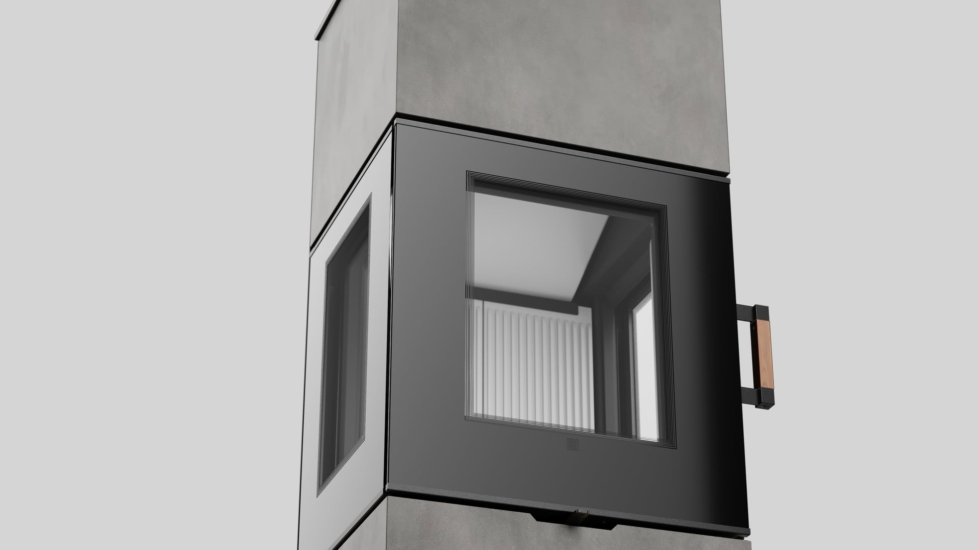 AXAM freistehender Stahlkaminofen in Calce Nero Sinterquarz, weiße Auskleidung