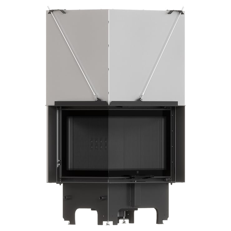 MILANO 700x480 Eckkamin links mit hochschiebbarer Tür, schwarzer Innenauskleidung