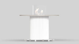 Stolik rurowy 400 SLIM  w kolorze Bianco,  z blatem ze spieku kwarcowego Taj Mahal , z manualną wkładką na biopaliwo