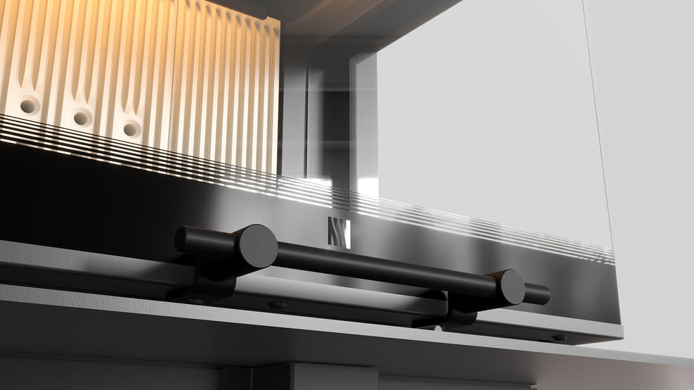 MILANO 610x430 Eckkamin rechts mit hochschiebbarer Tür, weißer Innenauskleidung