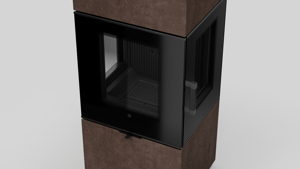 AXAM freistehender Stahlkaminofen in Fokos Roccia Sinterquarz, schwarze Auskleidung