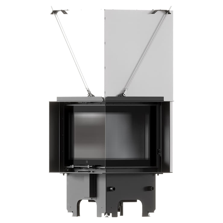 MILANO 480x480 Eckkamin rechts mit hochschiebbarer Tür, schwarzer Innenauskleidung