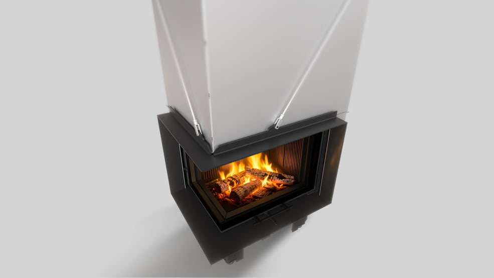 MILANO 610x430 Eckkamin links mit hochschiebbarer Tür, schwarzer Innenauskleidung