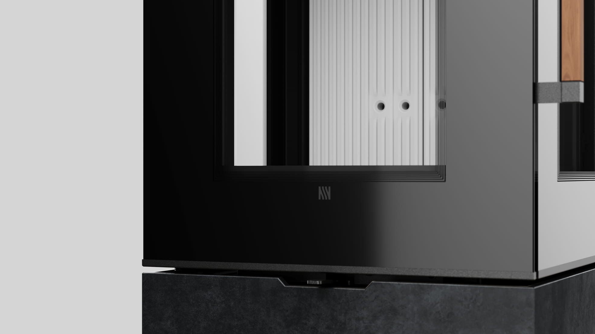 Freistehender Stahl-Kaminofen AXAM mit Verkleidung aus Fokos Grafite Sinterquarz