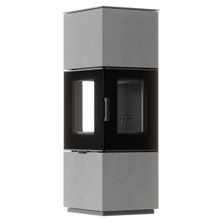 Freistehender Stahl-Kaminofen AXAM aus Luna Grigia Stein mit schwarzer Innenauskleidung