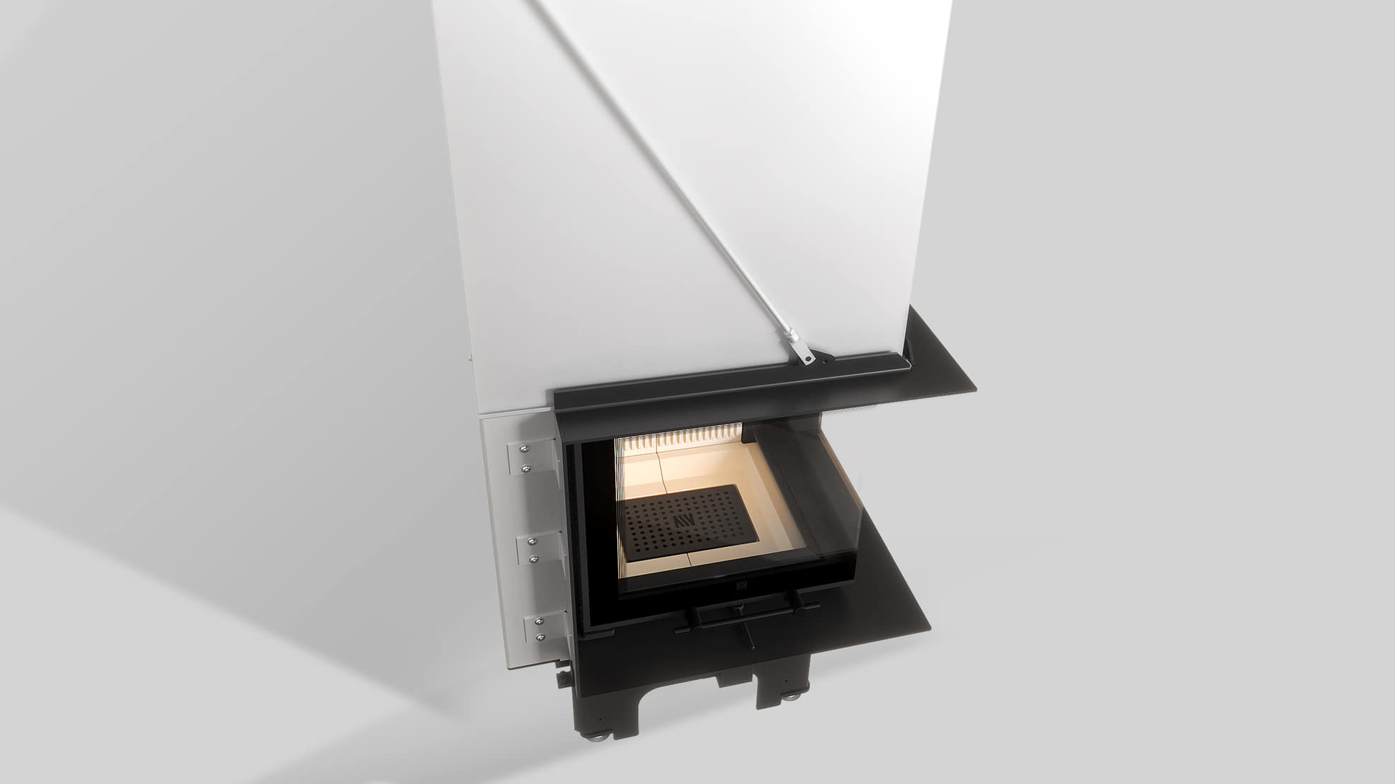 MILANO 480x480 – Rechtsseitiger Eckkamin mit Klapptüren, weiße Verkleidung