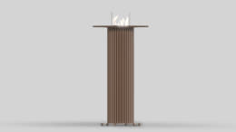 Stolik rurowy 1100 SLIM w kolorze Marone,  z blatem ze spieku kwarcowego Ossido Bruno, z manualną wkładką na biopaliwo