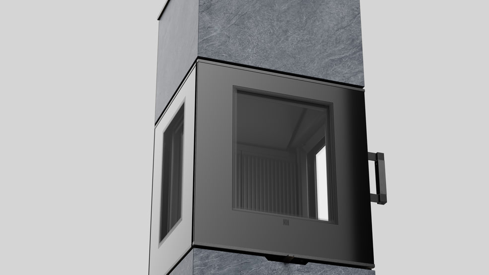 AXAM freistehender Stahlkaminofen in In-Side Pietra di Cardoso Grigio Sinterquarz, schwarze Auskleidung