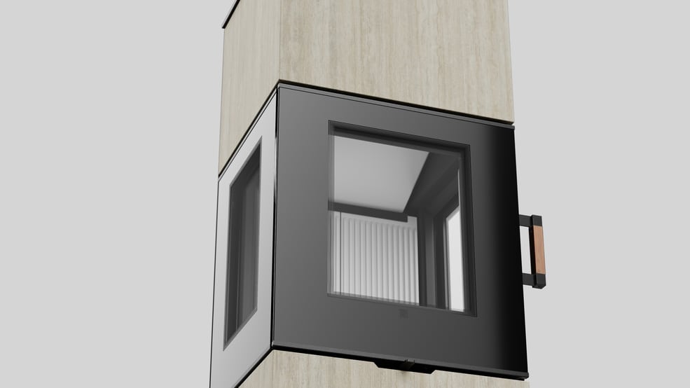 AXAM freistehender Stahlkaminofen in Hado Travertino Bianco Sinterquarz, weiße Auskleidung