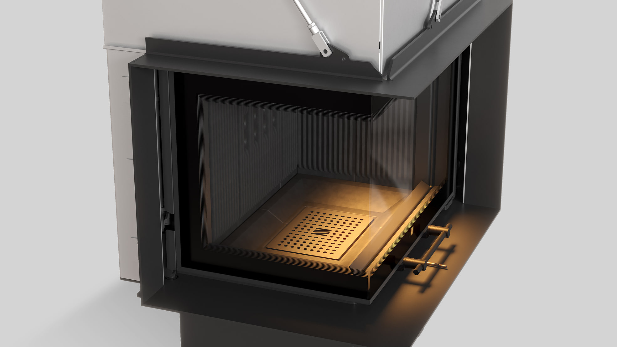 MILANO 610x430 Eckkamin links mit hochschiebbarer Tür, schwarzer Innenauskleidung