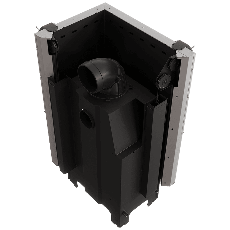 Balstil Milano 700x480 – Linksseitiger Eckkamin mit Klapptüren, schwarze Verkleidung