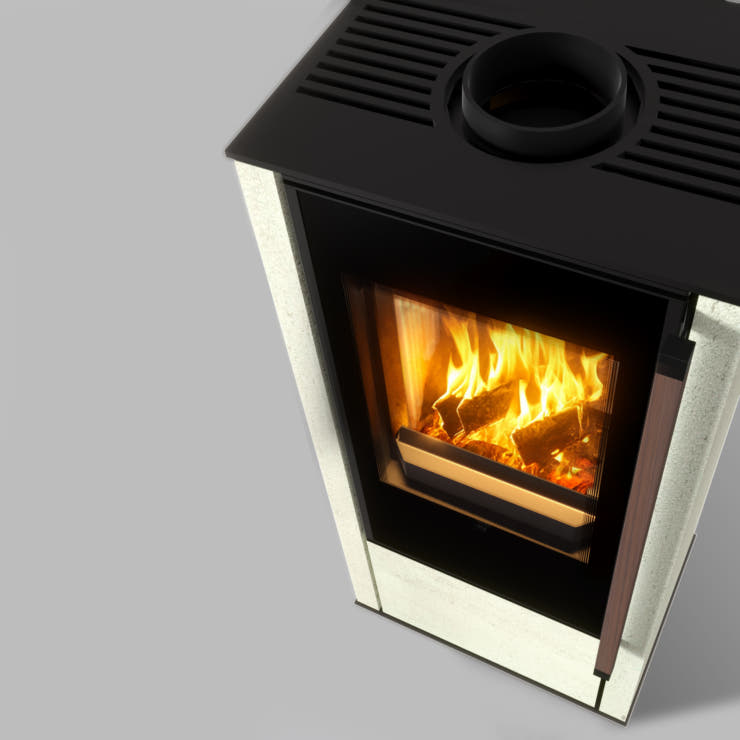 Freistehender Stahl-Kaminofen AKNA aus Ivory Glow Stein