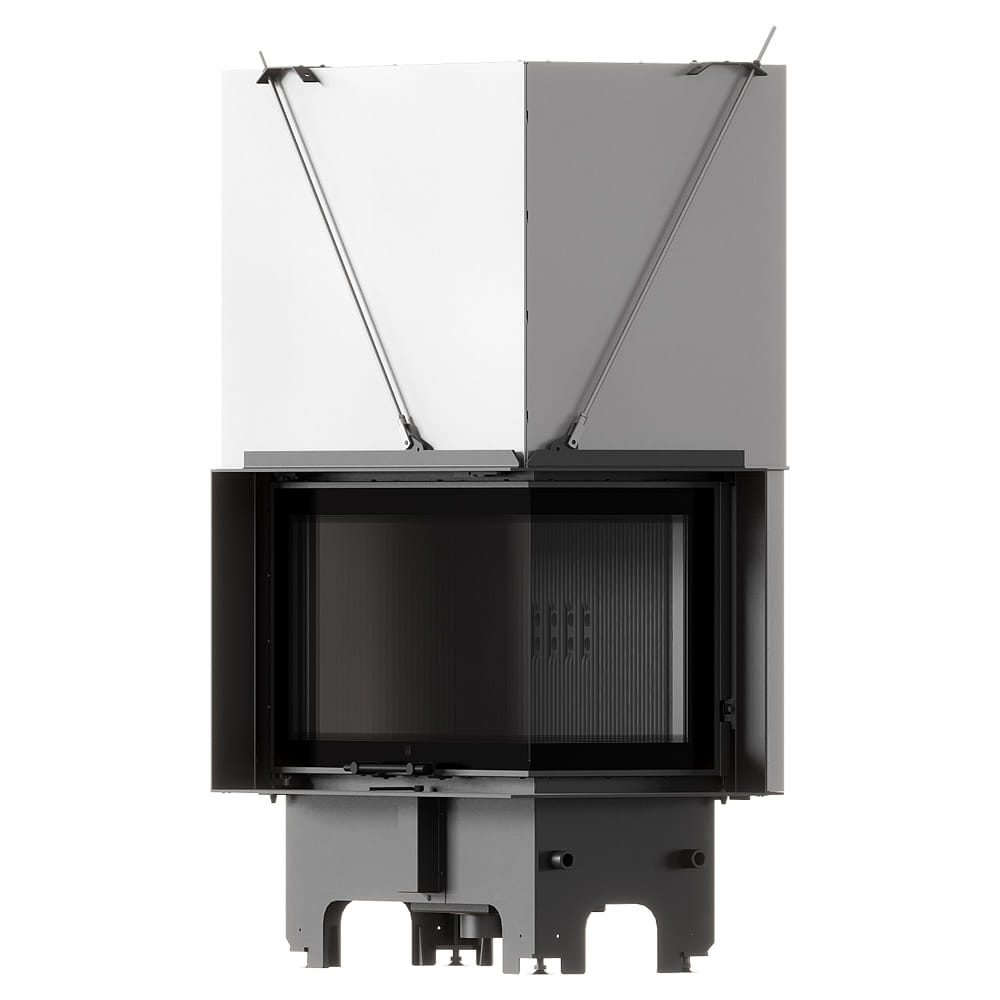 MILANO 810x410 Eckkamin rechts mit hochschiebbarer Tür, schwarzer Innenauskleidung