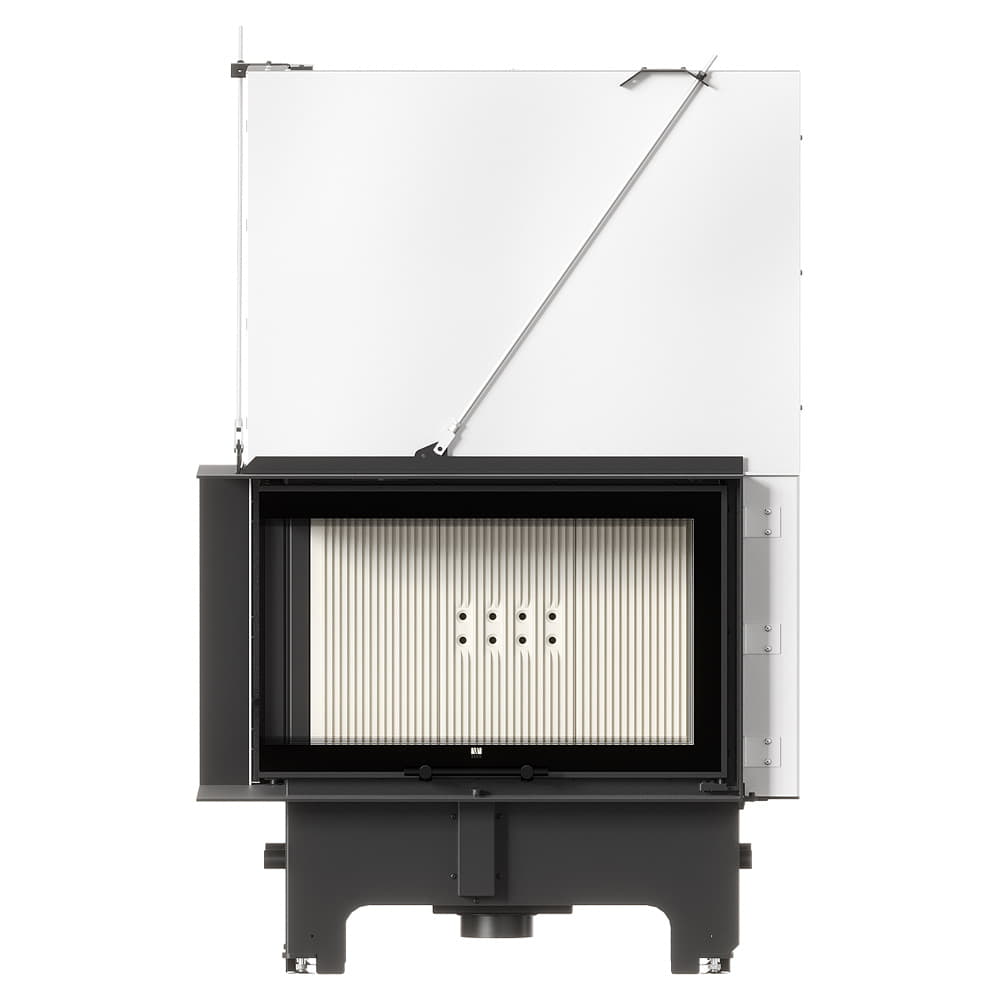 MILANO 810x410 – Linksseitiger Eckkamin mit Klapptüren, weiße Verkleidung