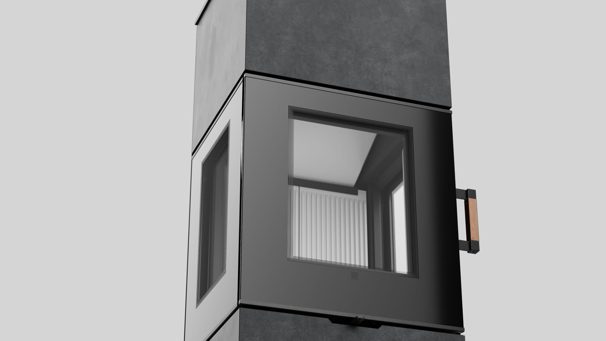 Freistehender Stahl-Kaminofen AXAM mit Verkleidung aus Fokos Grafite Sinterquarz