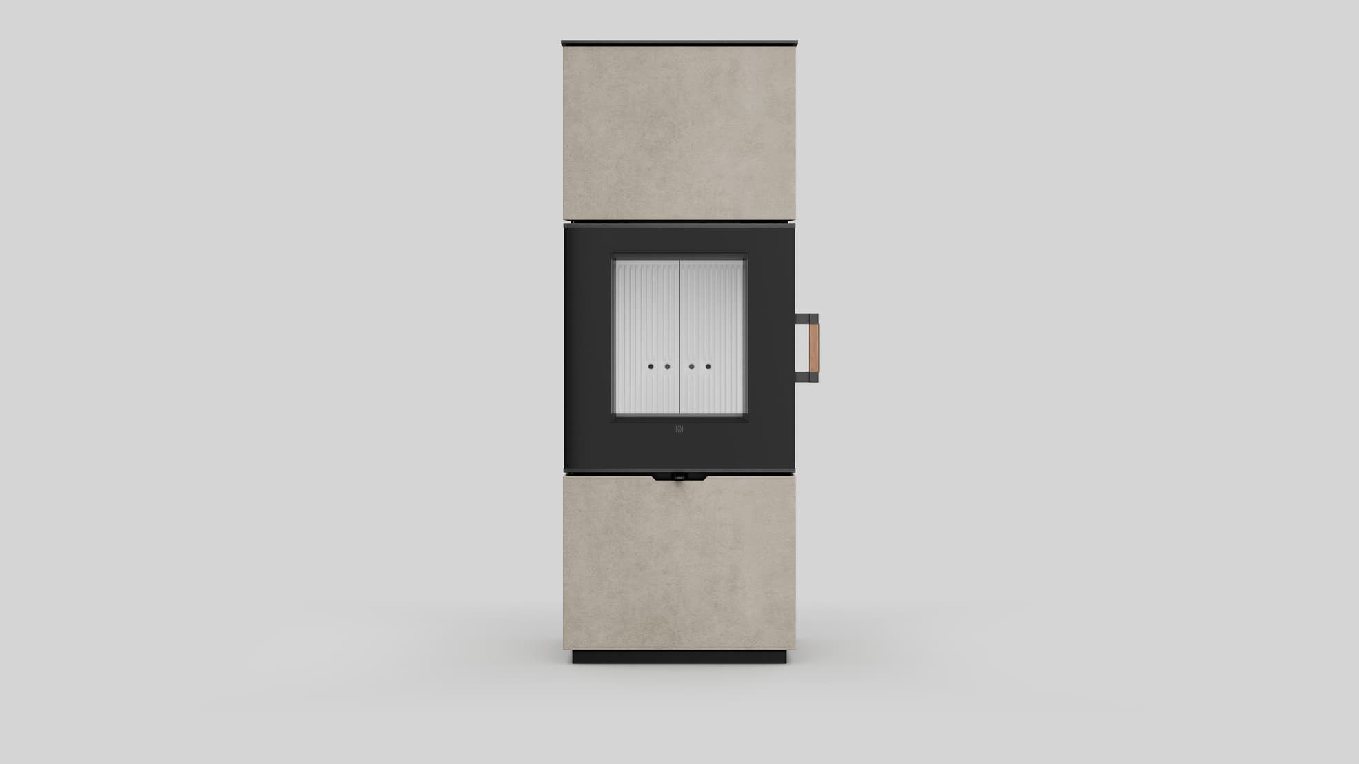 AXAM freistehender Stahlkaminofen in Fokos Talco Sinterquarz, weiße Auskleidung