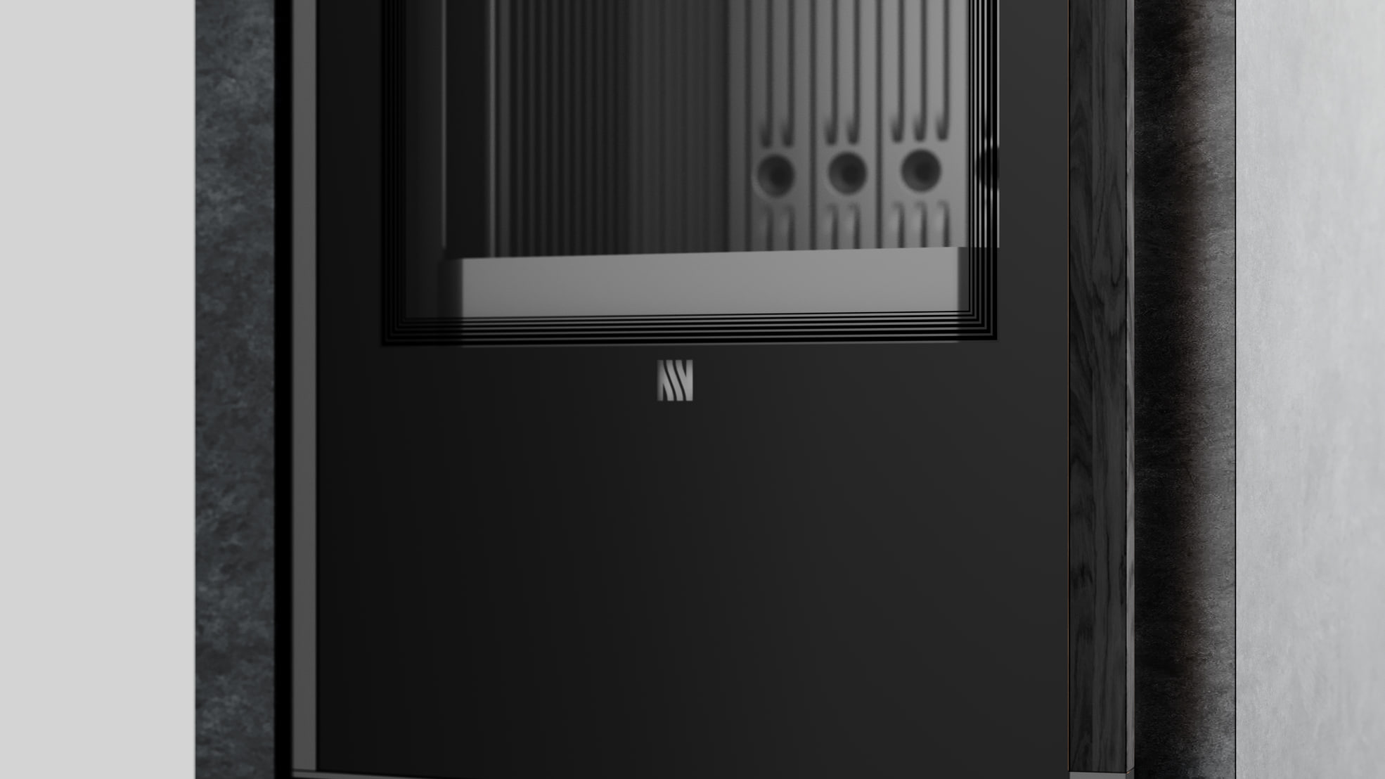 AKNA freistehender Stahlkaminofen in Fokos Grafite Sinterquarz mit schwarzer Auskleidung; Griff mit schwarzem Eichenholzgriff
