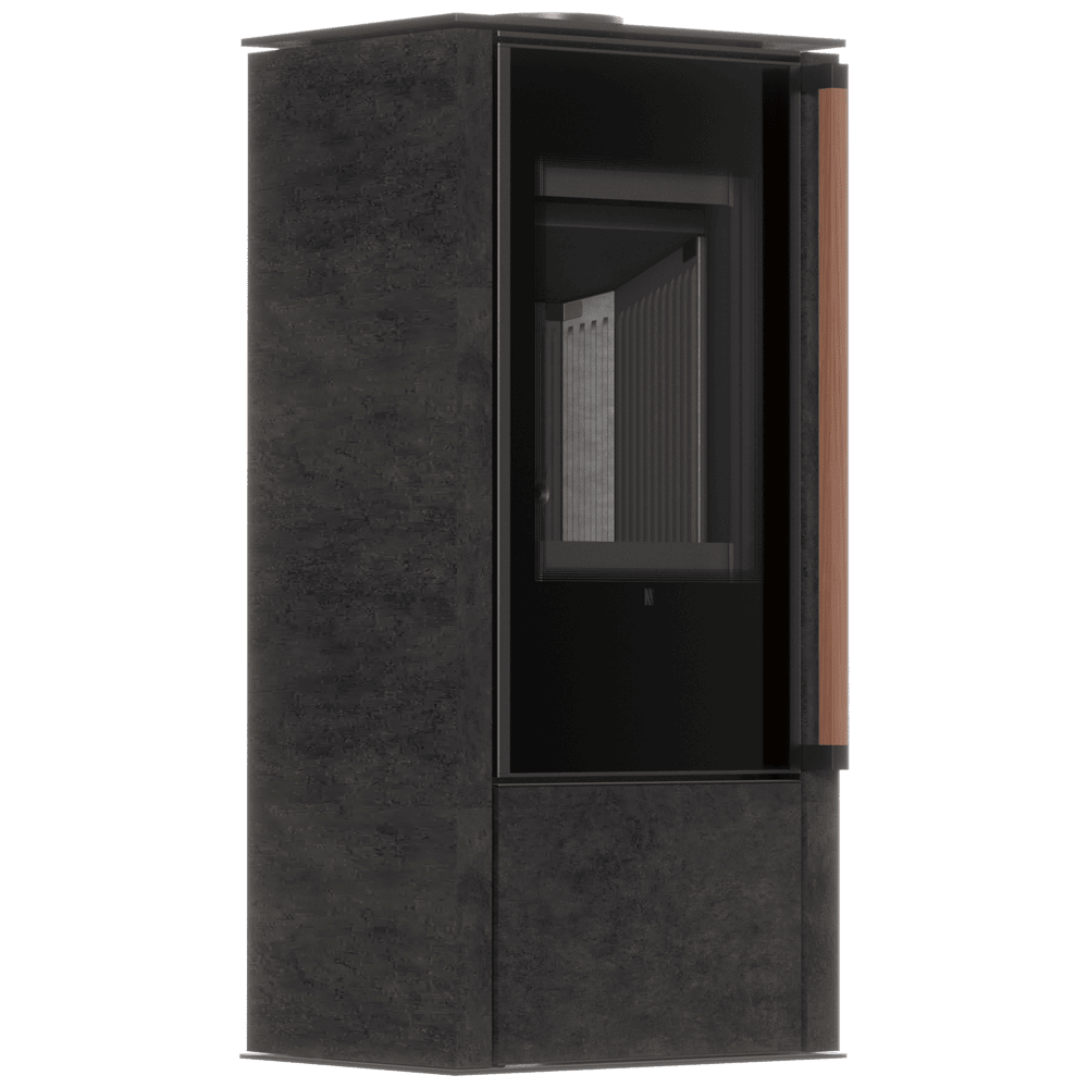 AKNA freestanding steel stove in FOKOS GRAFITE sinter with black lining