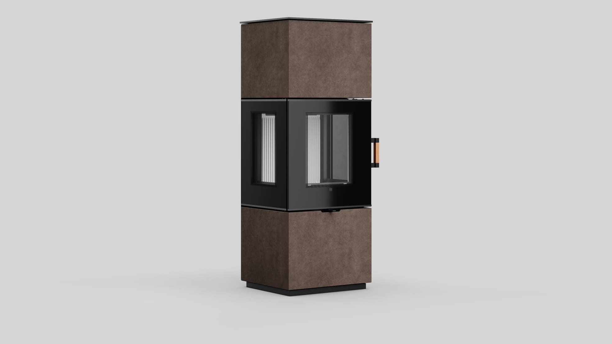 AXAM freistehender Stahlkaminofen in Fokos Roccia Sinterquarz, weiße Auskleidung