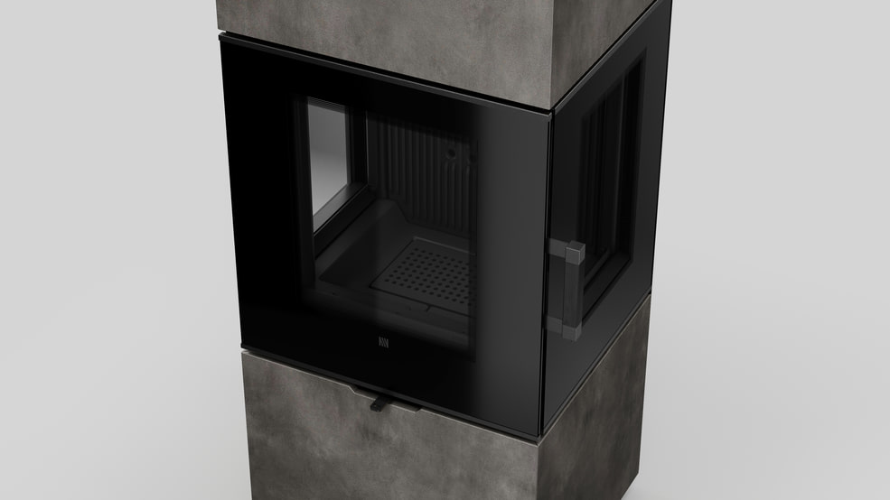 AXAM freistehender Stahlkaminofen in Calce Nero Sinterquarz, schwarze Auskleidung