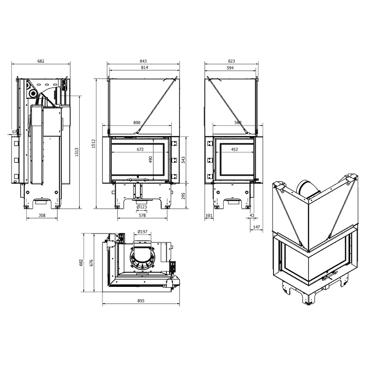 Balstil Milano 700x480 – Linksseitiger Eckkamin mit Klapptüren, schwarze Verkleidung