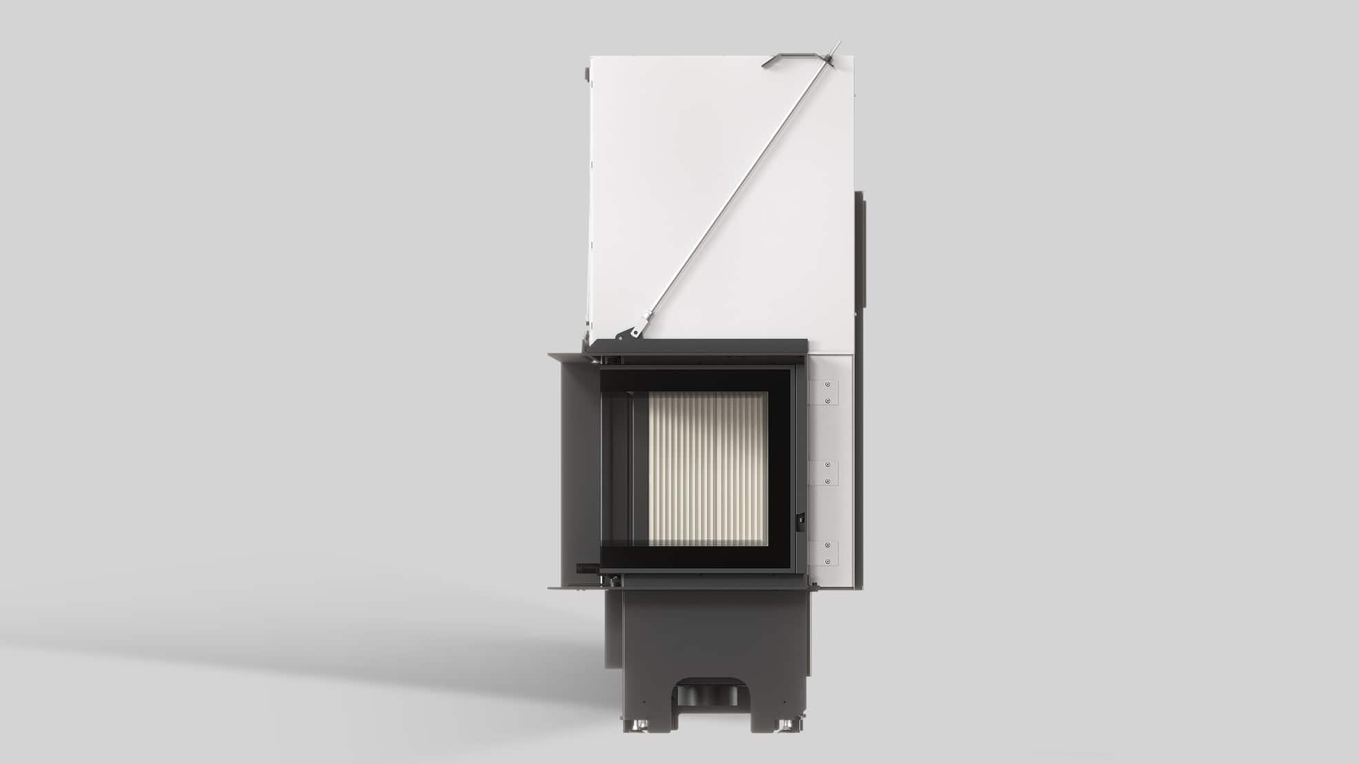 MILANO 610x430 Eckkamin rechts mit hochschiebbarer Tür, weißer Innenauskleidung