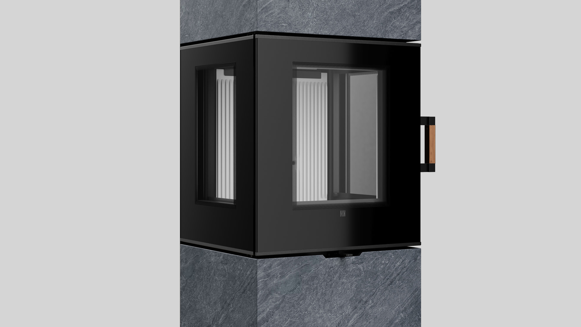 AXAM freistehender Stahlkaminofen in In-Side Pietra di Cardoso Grigio Sinterquarz, weiße Auskleidung