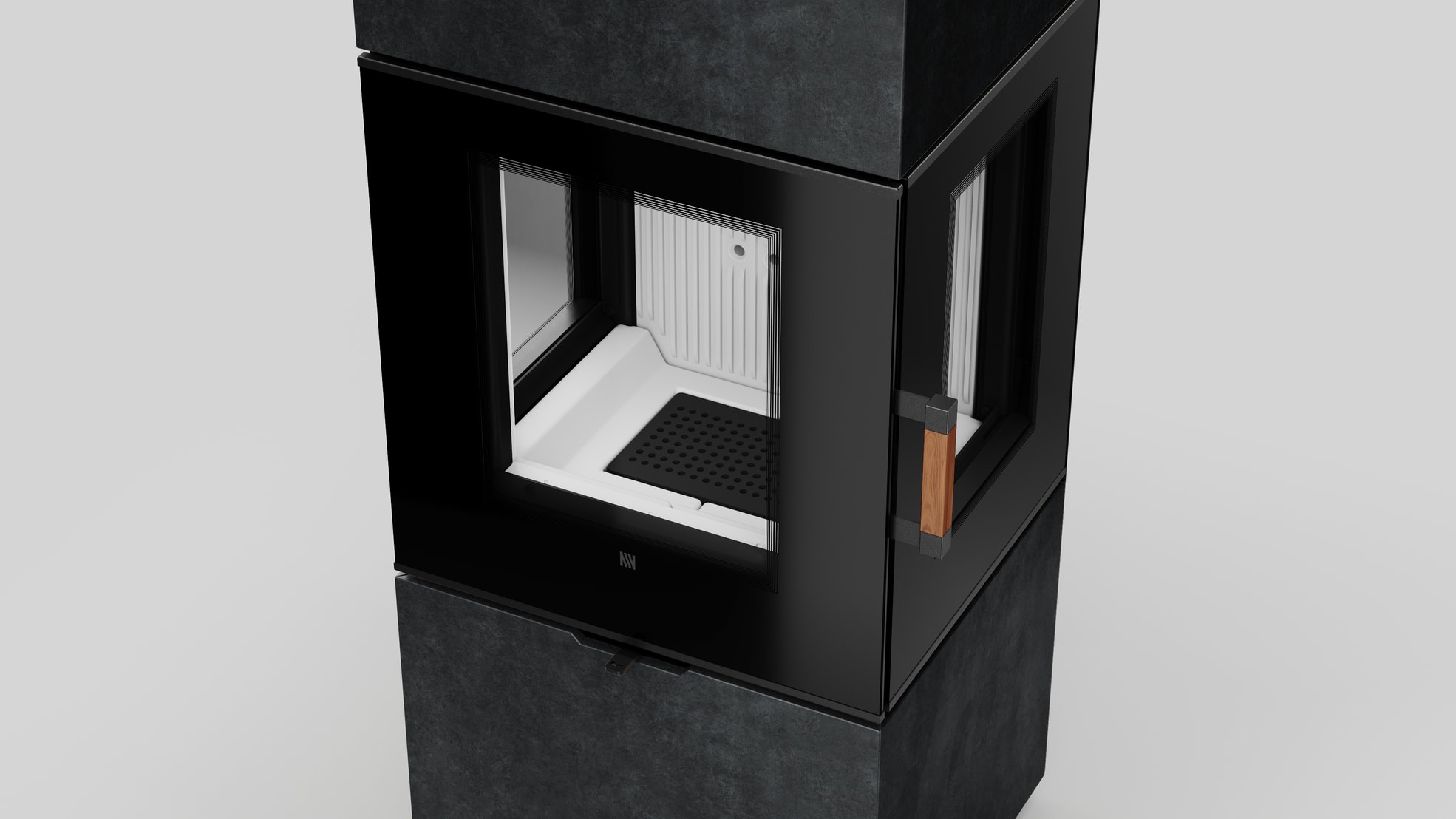 Freistehender Stahl-Kaminofen AXAM mit Verkleidung aus Fokos Grafite Sinterquarz