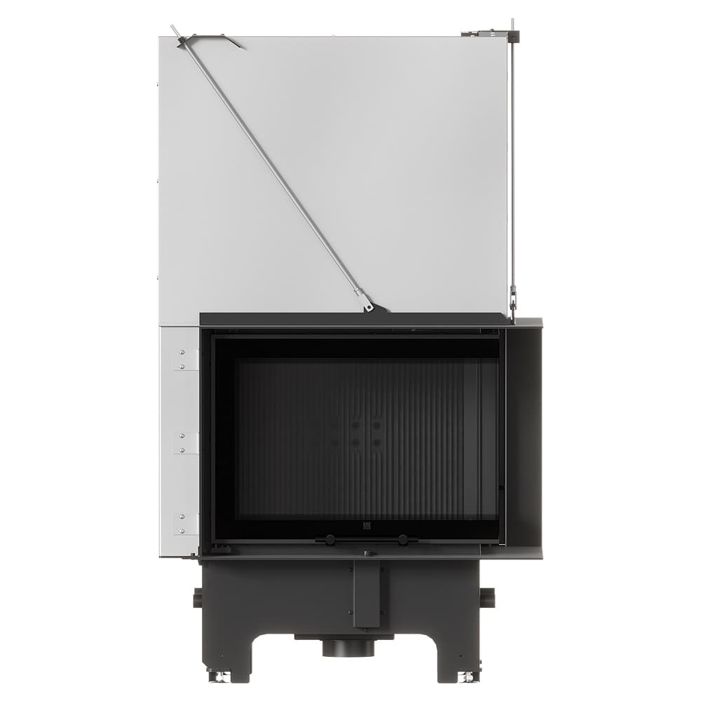 MILANO 700x480 Eckkamin rechts mit hochschiebbarer Tür, schwarzer Innenauskleidung