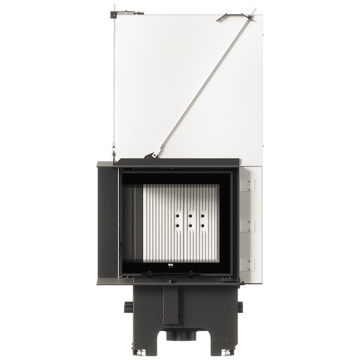 Balstil Milano 480x480 – Linksseitiger Eckkamin mit Klapptüren, weiße Verkleidung