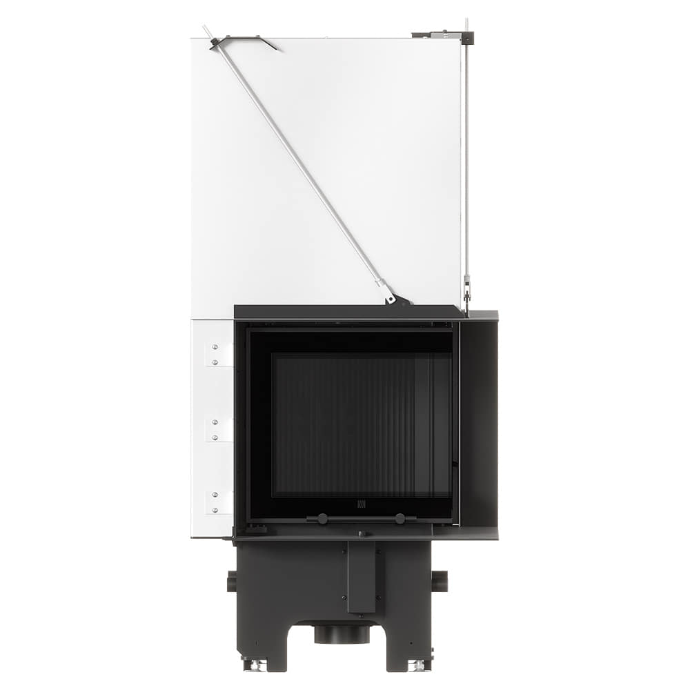 MILANO 480x480 Eckkamin rechts mit hochschiebbarer Tür, schwarzer Innenauskleidung